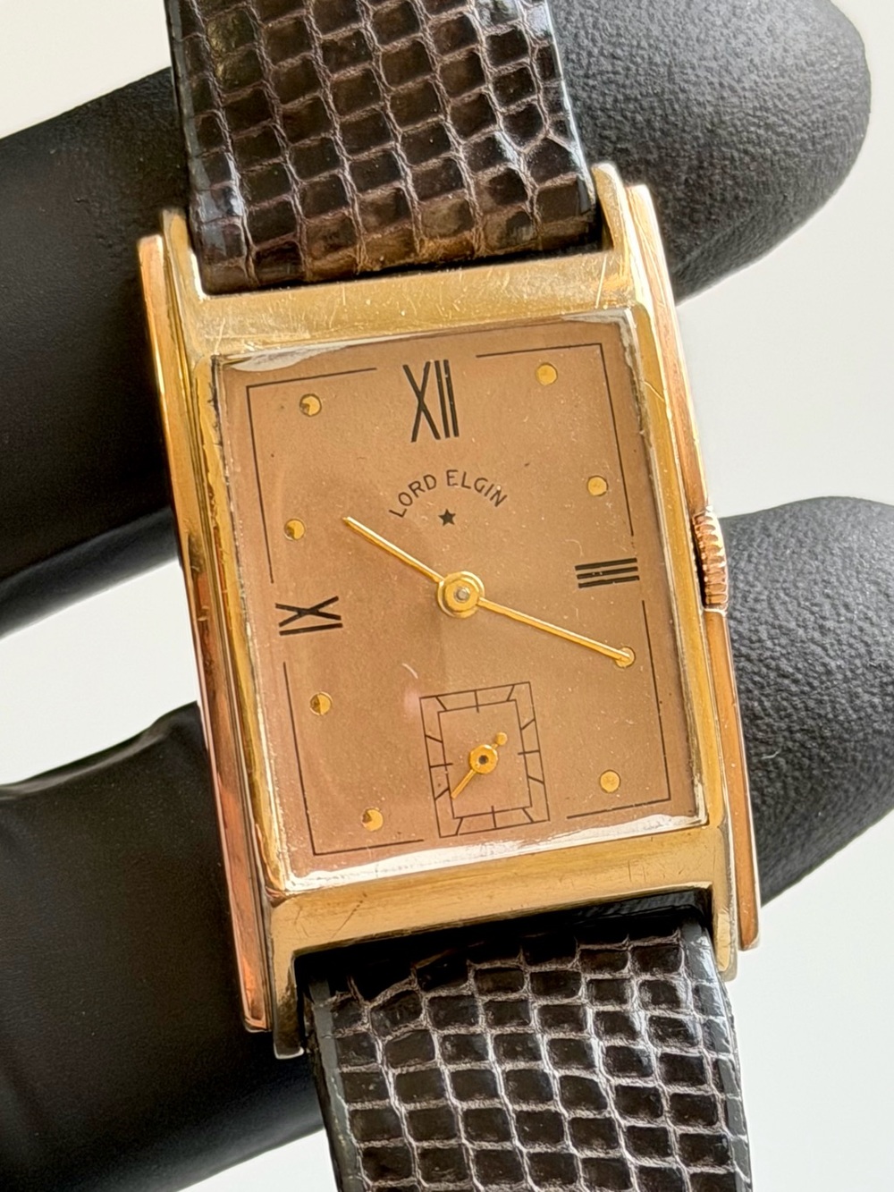 Lord Elgin 1940’s Art Deco Tank 14k GoldFilled Mechanical Salmon Dial 23mm Watch